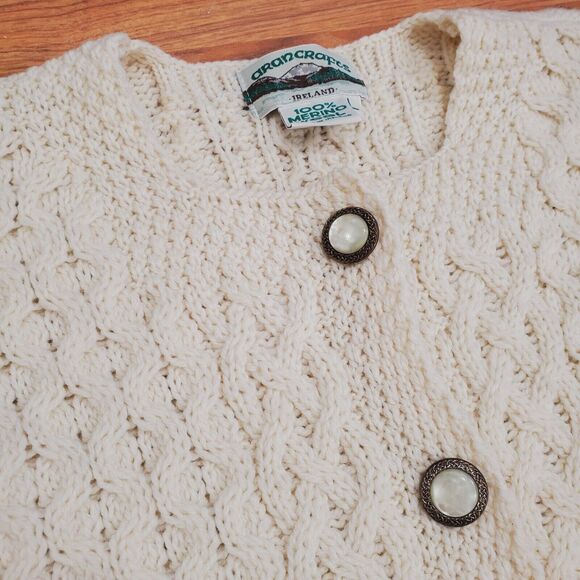 Aran Crafts Ireland Sweater Womens L Ivory Merino Wool Cable Knit Cardigan - Picture 2 of 7